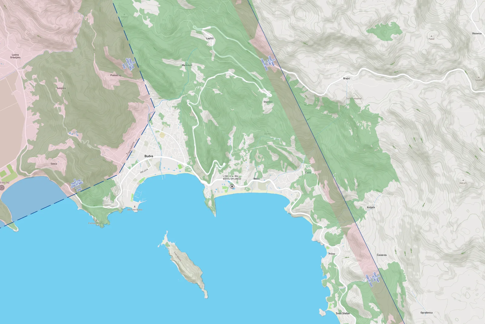 OpenAIP-based airspace orientation map around Budva and Brajici showing TMA and nearby aerodrome-zone geometry.